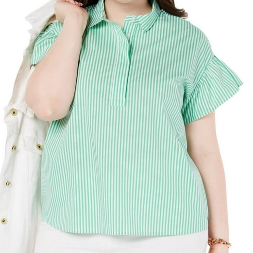 Tommy Hilfiger Green White Striped Ruffled Puffy Sleeve Cotton Blend Blouse